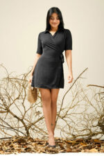 CLEORA BLACK WRAP MINI DRESS - Image 2